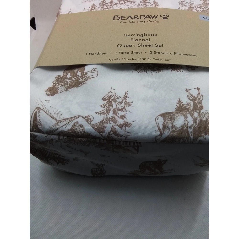 Queen Flannel Sheets-Bear Paw-Queen Size Fitted Set-Herringbone-Woodland - Picture 5 of 5